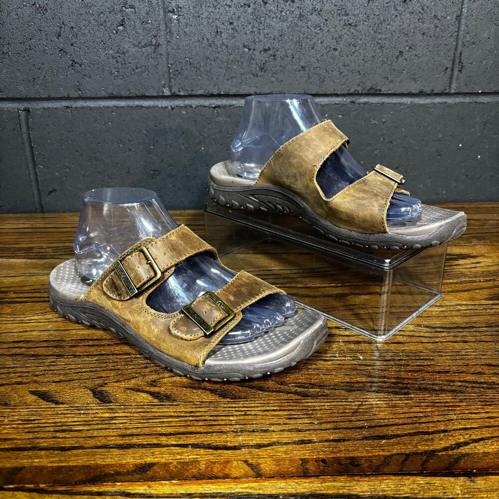 Skechers Women’s Brown Leather Slide Sandals Comfort Dual Strap Size 10